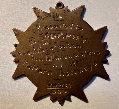 Medallion - Presented to E Murphy Malvern Tramways - rear