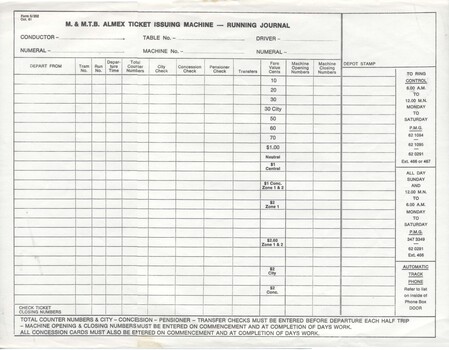 "M&MTB Alex Ticket Issuing Machine Running Journal"