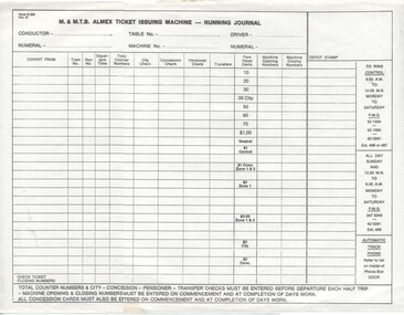 "M&MTB Alex Ticket Issuing Machine Running Journal"