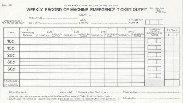"Weekly Record of Machine Emergency Ticket Outfits"