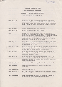 "Footscray College of TAFE / Civil Engineering Department /' Essendon - Footscray Tramway History"