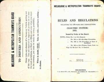 "Melbourne and Metropolitan Tramways Board - Rules, Regulations"