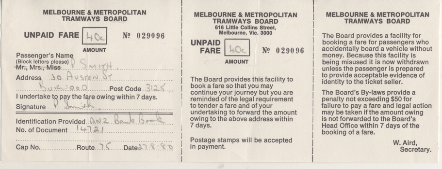 "Unpaid Fare Form"