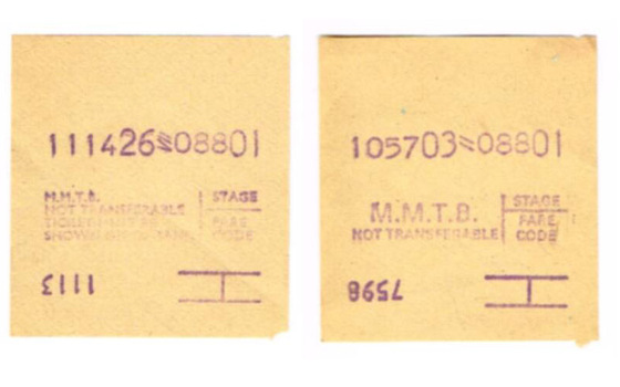 Set of two Almex machine issued bus tickets.