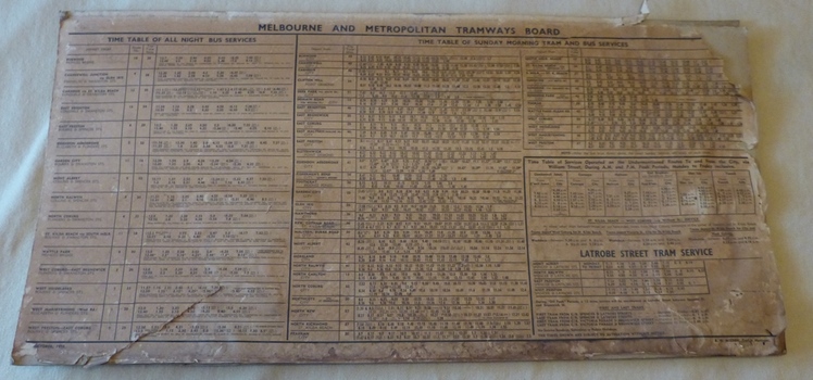 "Timetable of all night bus services / timetable of Sunday morning tram and bus services / City via William St and Latrobe St tram services"