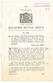 "ACT 5977- discontinuance of service and dismantling of the St Kilda Bright Electric Railway which lies in the City of Brighton"