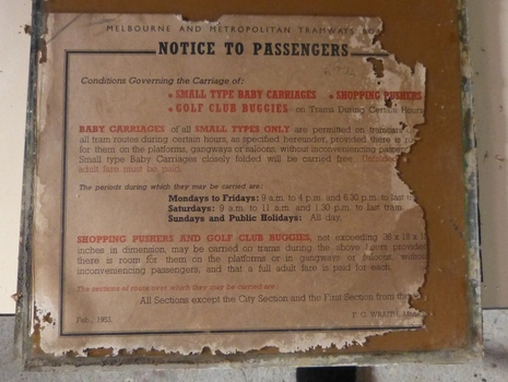 "Notice to Passengers - Conditions Governing the Carriage of Small type baby carriages, shopping pushers, golf club buggies on trams during Certain Hours"