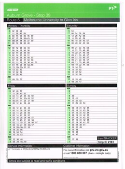 Set of 12 laminated tram stop timetables