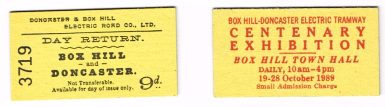 replicate paste board, ochre colour, tickets for the Doncaster and Box Hill Electric Road Co., Ltd