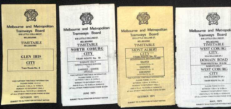 MMTB Tram timetables, set of 1 of 3