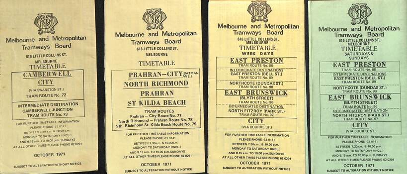 MMTB Tram timetables, set of 3 of 3