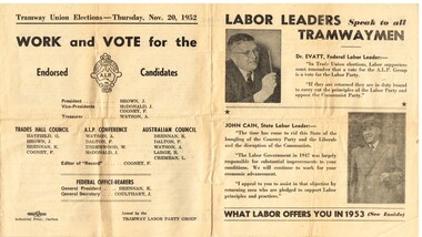 "Tramway Union Elections - Thursday Nov. 20, 1952, Work and Vote for the Endorsed Candidates"