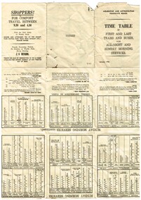 "Timetable of first and last trams and buses also All-night and Sunday morning services"