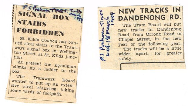 "Signal box Stairs Forbidden', "New tracks in Dandenong Road"