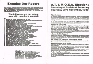 "AT&MOEA Elections Secretary & Assistant Secretary Thursday 23rd November 1989"