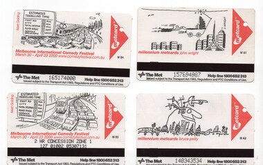 Set of four Metcard tickets, featuring Melbourne cartoonists and millennium Metcards