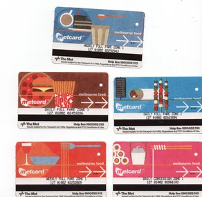 Set of five Metcard tickets, featuring Melbourne food.