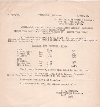 "Australian Electric Traction Association Member's Excursion by Railway Electric Tram - Elwood Depot - St Kilda - Vaulter St - Elwood Tram Depot"