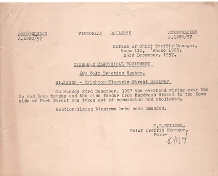 "Overhead Electrical Equipment - 600V Traction System - St Kilda - Brighton Electric Street Railway"