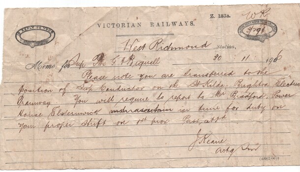 Victorian Railways Memorandum, dated 30-11-1906 re St Kilda tramway