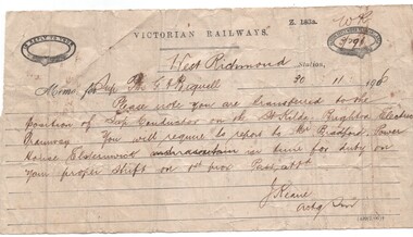 Victorian Railways Memorandum, dated 30-11-1906 re St Kilda tramway