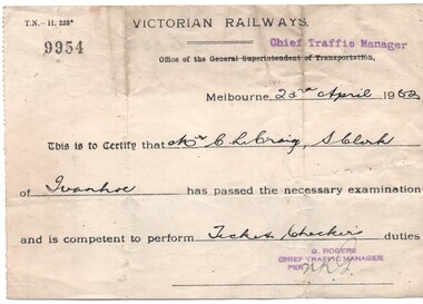 Victorian Railways Memorandum re C Craig