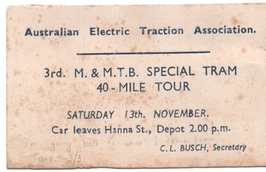 Ticket for an Australian Electric Traction Association tram tour