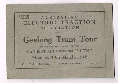 Ticket for an Australian Electric Traction Association tram tour  - Geelong Tram Tour