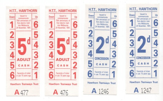 Set of two replica or facsimile tickets of the Hawthorn Tramways Trust