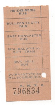 Transfer ticket - used by passengers on MMTB buses