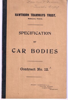 "Hawthorn Tramways Trust Specification of Car Bodies Contract No. 12"