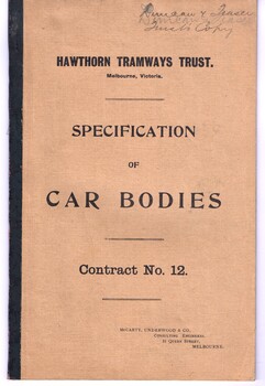 "Hawthorn Tramways Trust Specification of Car Bodies Contract No. 12A"