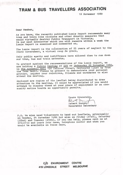 Tram & Bus Travellers Association, re Lonie report