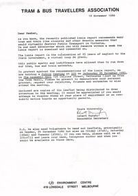 Tram & Bus Travellers Association, re Lonie report