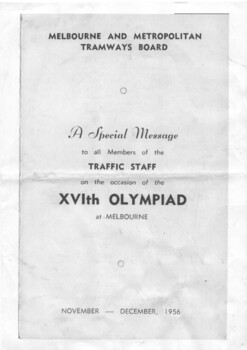 "A Special message to all members of the Traffic Staff on the occasion of the XVIth Olympiad at Melbourne"