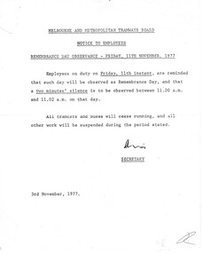 "Notice to Employees - Remembrance Day Observance - Friday 11th November 1977"
