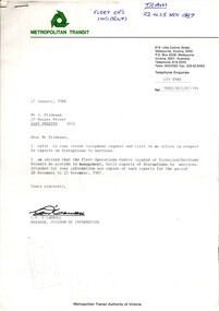 "Fleet Ops Incidents  - Tram 22 to 25 Nov. 1987"
