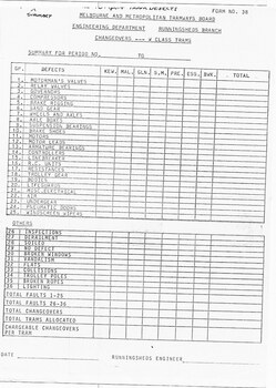 "MMTB - Engineering Department Running sheds Branch - Changeovers W class Trams - Form 3B" "Depot summary form for crews to report tram defects"