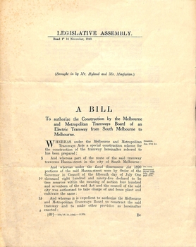 "A Bill to authorize the Construction of an Electric Tramway from South Melbourne to Melbourne."