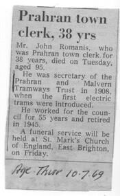 "Prahran town clerk, 38 years"