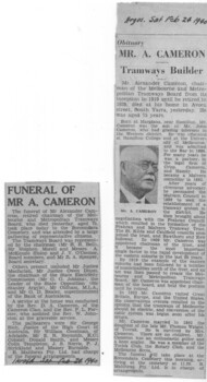 "Obituary - Mr. A. Cameron - Tramways Builder", "Funeral of Mr. A. Cameron"