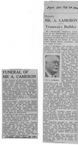 "Obituary - Mr. A. Cameron - Tramways Builder", "Funeral of Mr. A. Cameron"