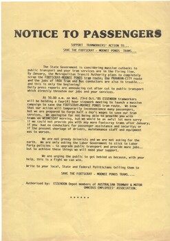 "Notice to Passengers - Support Tram workers' Action to Save the Footscray - Moonee Ponds Trams"