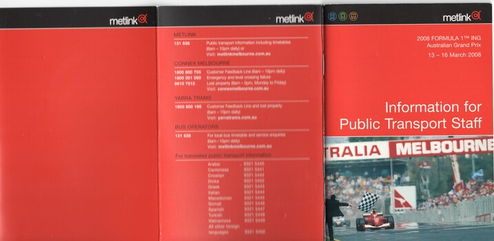 "Information for public transport staff - 2009 Formula 1 Australian Grand Prix"