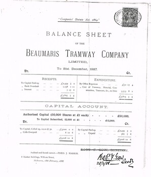 "Balance Sheet - of the Beaumaris Tramway Company"