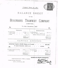 "Balance Sheet - of the Beaumaris Tramway Company"