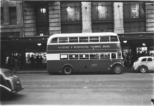 MMTB Bus No. 210, in Bourke St, around Christmas 1940.