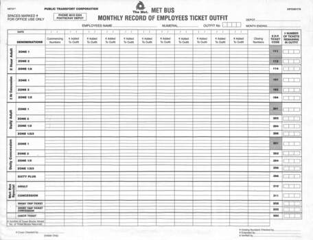"The Met (Met bus) – monthly record of employees ticket outfit "