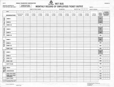 "The Met (Met bus) – monthly record of employees ticket outfit "
