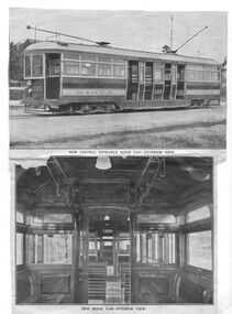 "New Central Entrance bogie car Exterior View", "New Bogie car - interior view"